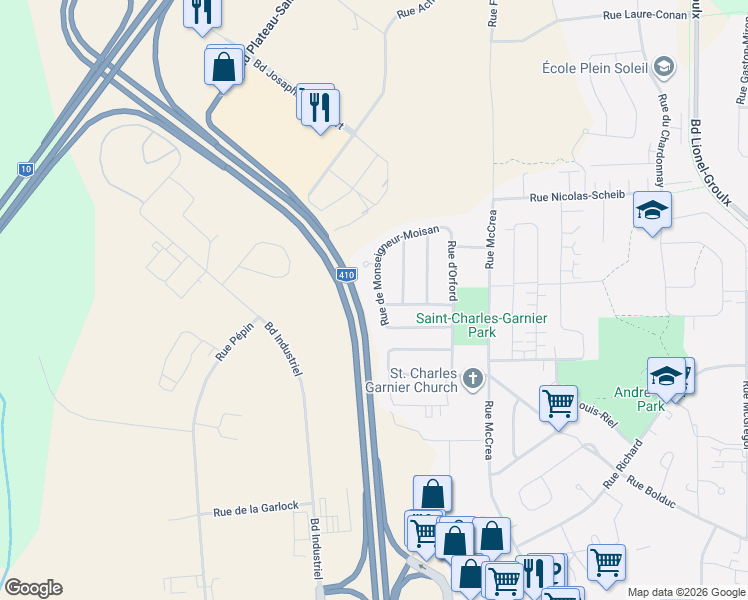 map of restaurants, bars, coffee shops, grocery stores, and more near 3930 Rue de Monseigneur-Moisan in Sherbrooke