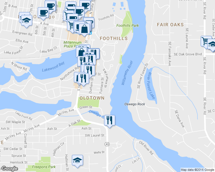map of restaurants, bars, coffee shops, grocery stores, and more near 179 Furnace Street in Lake Oswego