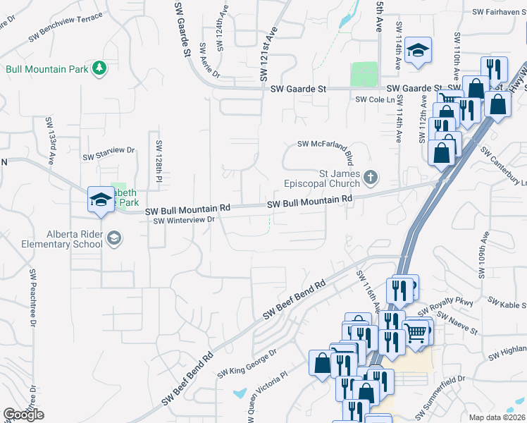 map of restaurants, bars, coffee shops, grocery stores, and more near 12175 Southwest Bull Mountain Road in Tigard
