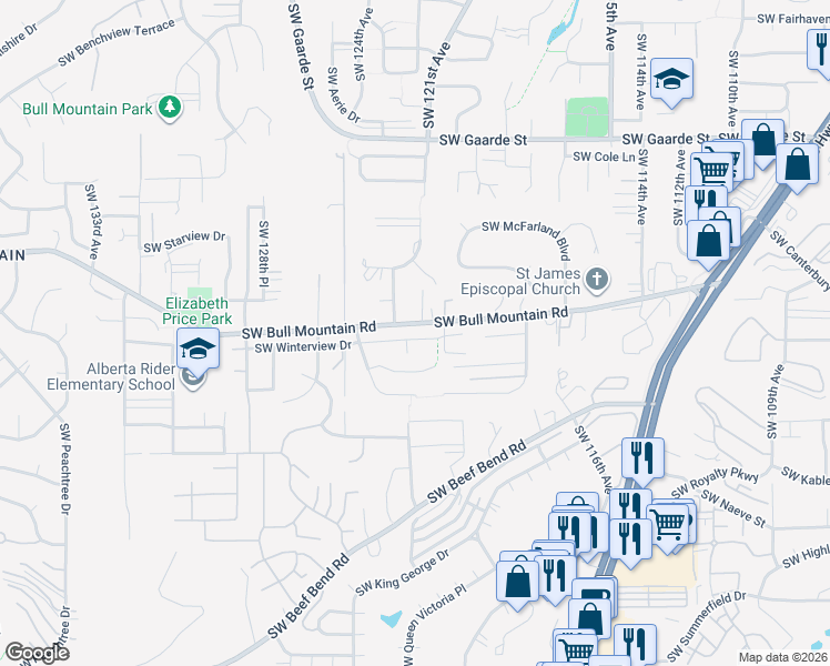 map of restaurants, bars, coffee shops, grocery stores, and more near 14670 Southwest Hazeltree Terrace in Tigard