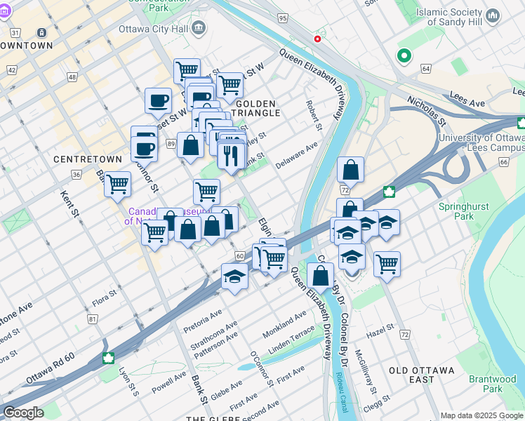 map of restaurants, bars, coffee shops, grocery stores, and more near in Ottawa