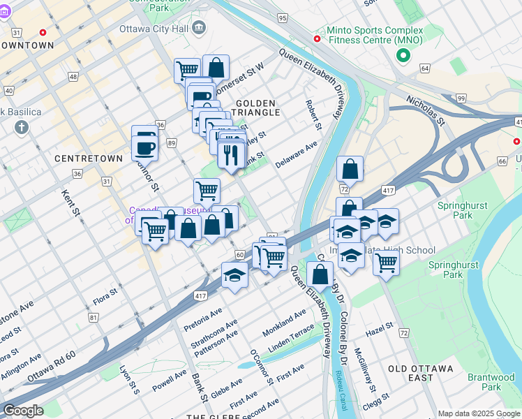 map of restaurants, bars, coffee shops, grocery stores, and more near in Ottawa