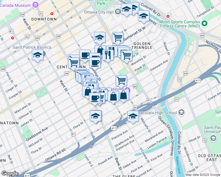 map of restaurants, bars, coffee shops, grocery stores, and more near 345 Frank Street in Ottawa