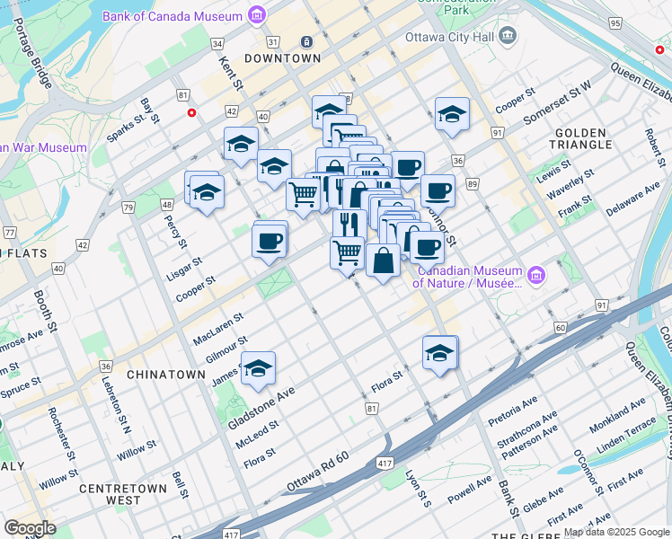 map of restaurants, bars, coffee shops, grocery stores, and more near 330 Kent Street in Ottawa