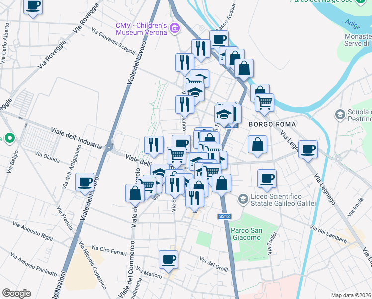 map of restaurants, bars, coffee shops, grocery stores, and more near 126A Via Scuderlando in Verona