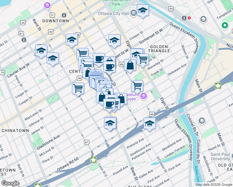 map of restaurants, bars, coffee shops, grocery stores, and more near 349 Frank Street in Ottawa