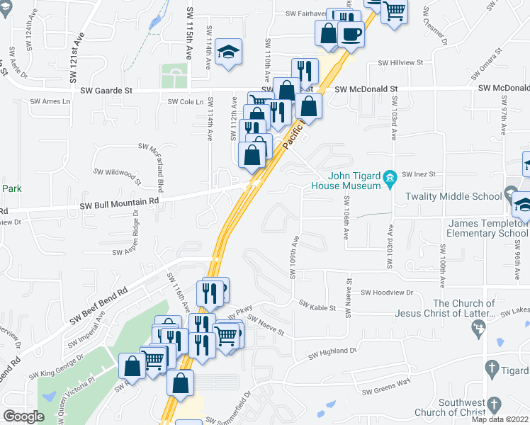 map of restaurants, bars, coffee shops, grocery stores, and more near 14729 Southwest 109th Avenue in Tigard