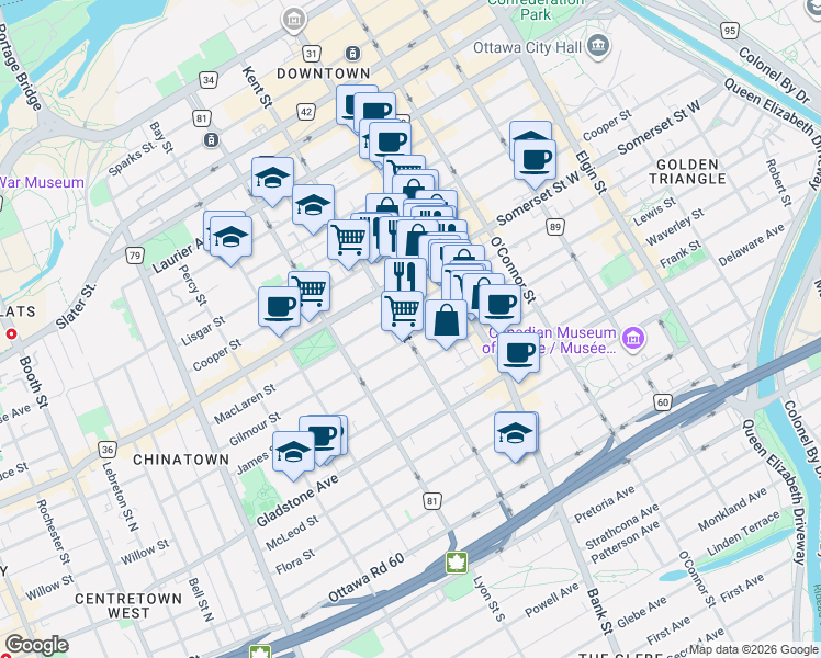 map of restaurants, bars, coffee shops, grocery stores, and more near 359 Kent Street in Ottawa