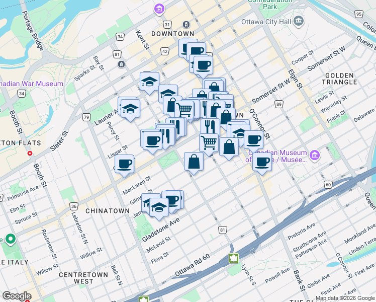 map of restaurants, bars, coffee shops, grocery stores, and more near 489 MacLaren Street in Ottawa