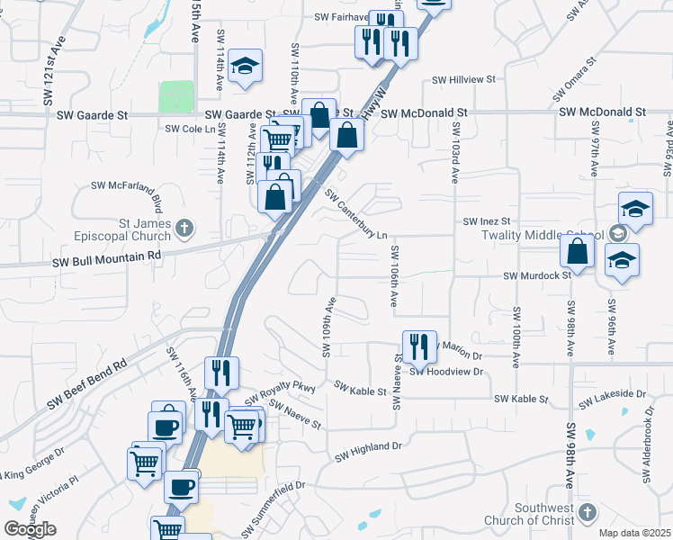 map of restaurants, bars, coffee shops, grocery stores, and more near 14763 Southwest 109th Avenue in Portland