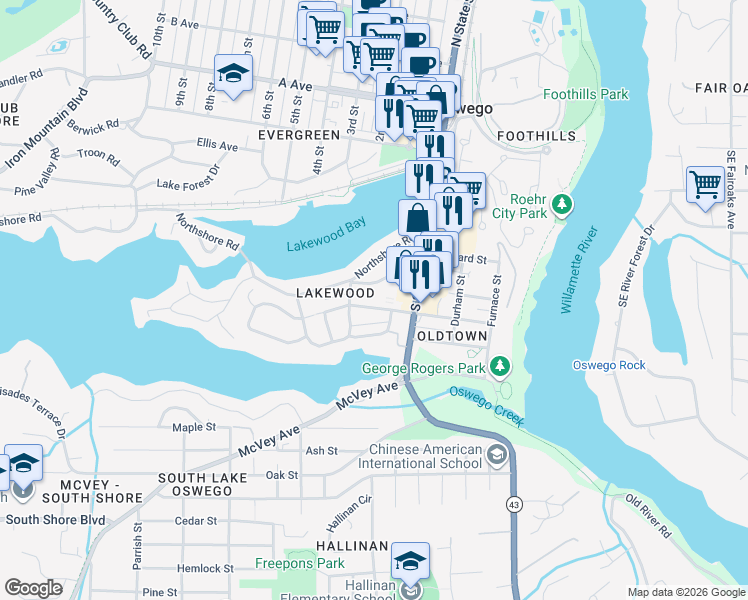 map of restaurants, bars, coffee shops, grocery stores, and more near 220 Greenwood Road in Lake Oswego