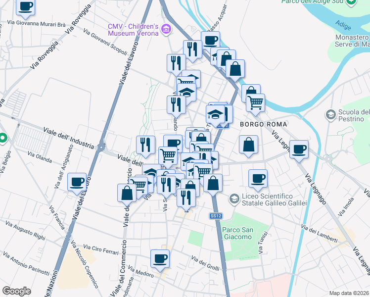 map of restaurants, bars, coffee shops, grocery stores, and more near 126A Via Scuderlando in Verona