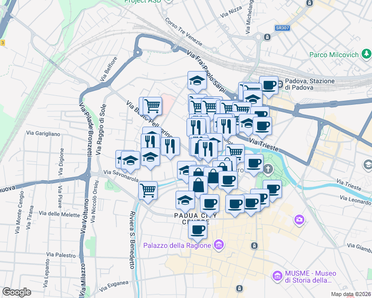 map of restaurants, bars, coffee shops, grocery stores, and more near Via Beato Pellegrino in Padua