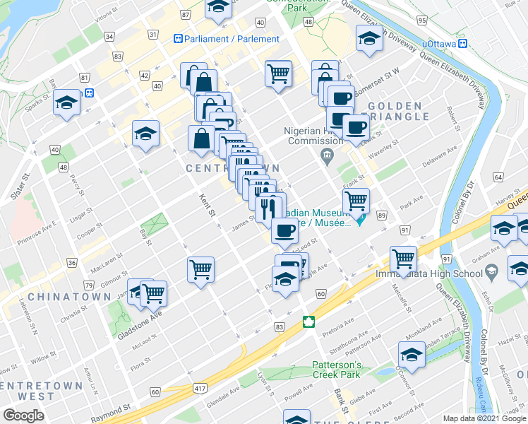 map of restaurants, bars, coffee shops, grocery stores, and more near 391 Bank Street in Ottawa