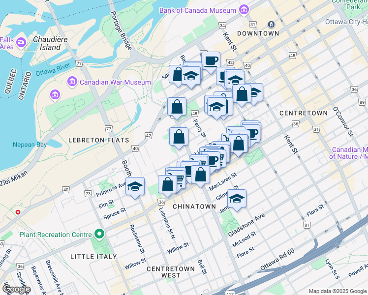map of restaurants, bars, coffee shops, grocery stores, and more near 206 Bronson Avenue in Ottawa