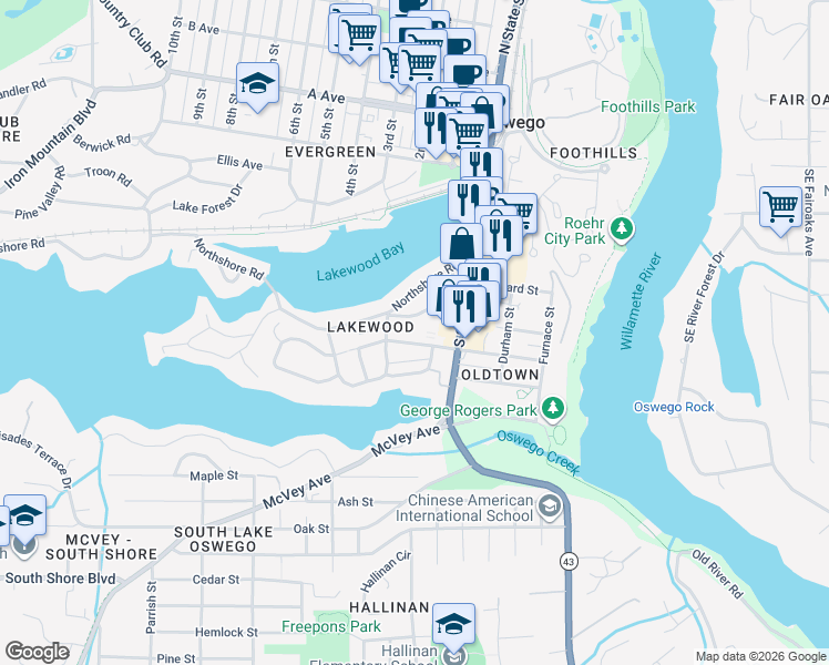 map of restaurants, bars, coffee shops, grocery stores, and more near 220 Greenwood Road in Lake Oswego