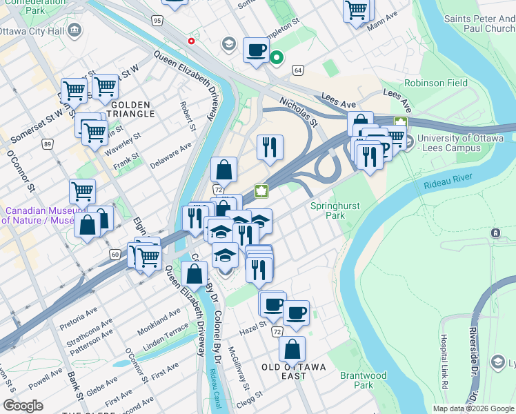 map of restaurants, bars, coffee shops, grocery stores, and more near in Ottawa