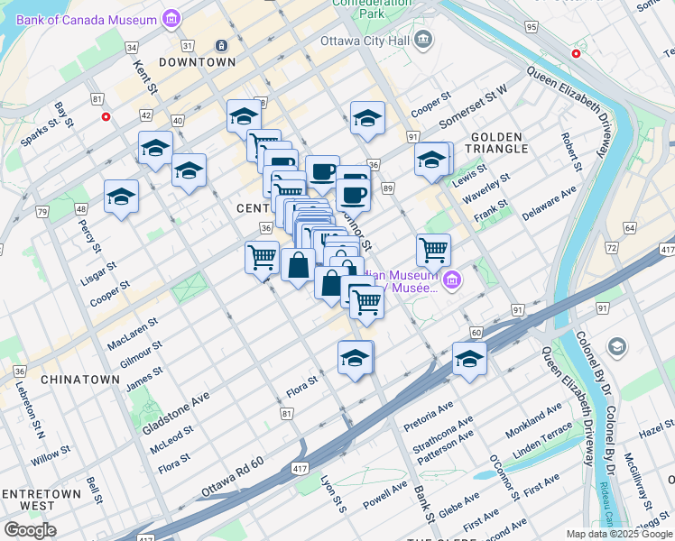 map of restaurants, bars, coffee shops, grocery stores, and more near in Ottawa