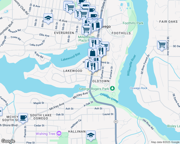 map of restaurants, bars, coffee shops, grocery stores, and more near 368 South State Street in Lake Oswego