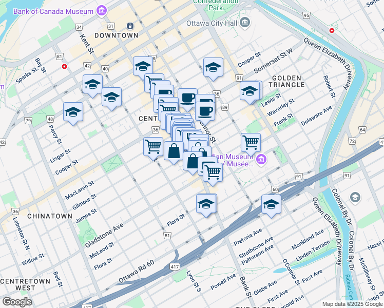 map of restaurants, bars, coffee shops, grocery stores, and more near in Ottawa