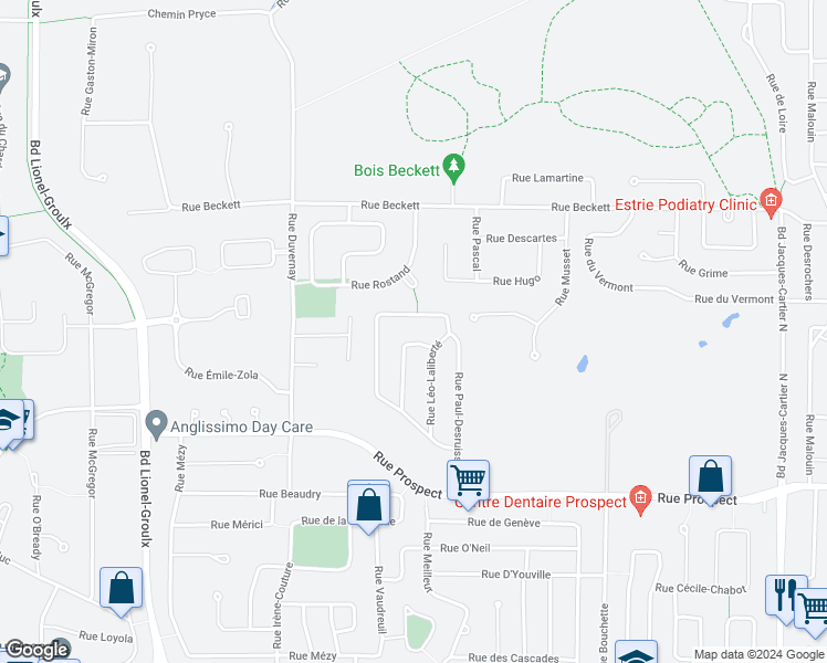 map of restaurants, bars, coffee shops, grocery stores, and more near 519 Rue Sara in Sherbrooke