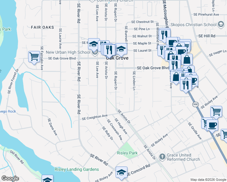 map of restaurants, bars, coffee shops, grocery stores, and more near 15125 Southeast Rupert Drive in Milwaukie