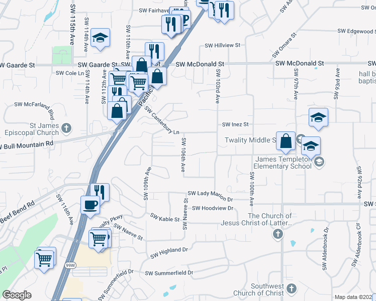 map of restaurants, bars, coffee shops, grocery stores, and more near 10573 Southwest Murdock Street in Tigard