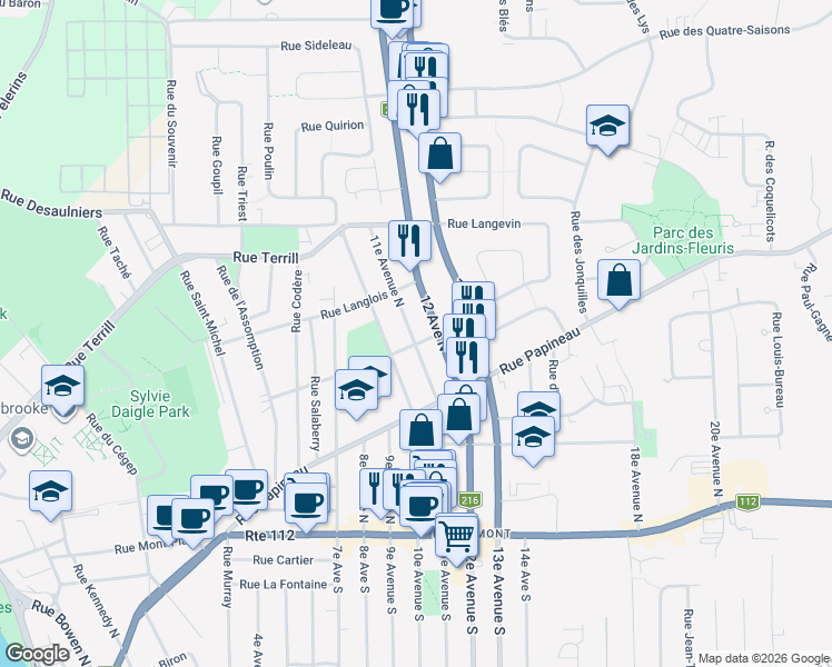 map of restaurants, bars, coffee shops, grocery stores, and more near 350 11e Avenue Nord in Sherbrooke