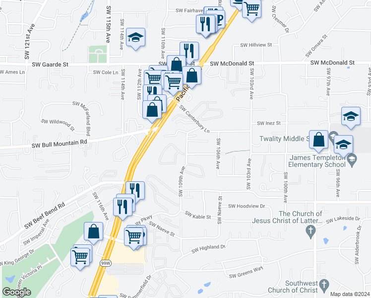 map of restaurants, bars, coffee shops, grocery stores, and more near 14793 Southwest 109th Avenue in Portland