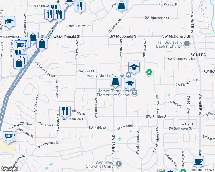 map of restaurants, bars, coffee shops, grocery stores, and more near 9850 Southwest Pembrook Street in Tigard