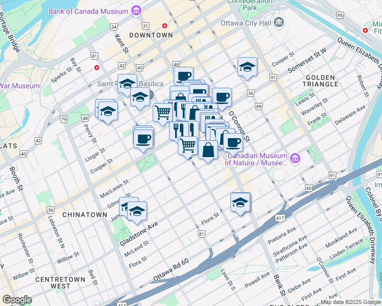 map of restaurants, bars, coffee shops, grocery stores, and more near 330 Kent Street in Ottawa