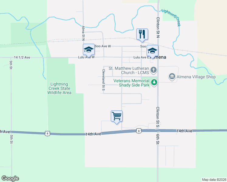 map of restaurants, bars, coffee shops, grocery stores, and more near 105 Ashland Avenue West in Almena
