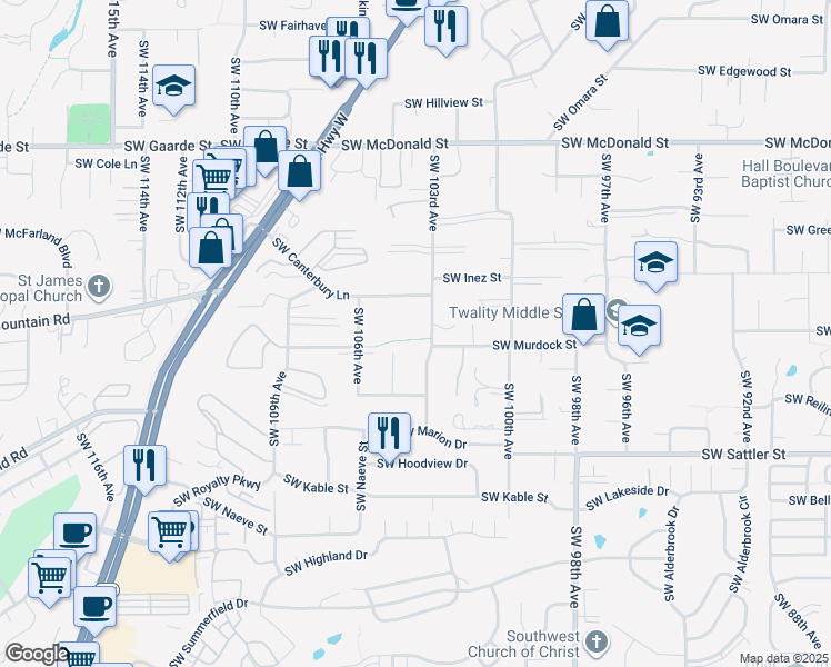 map of restaurants, bars, coffee shops, grocery stores, and more near 14799 Southwest 103rd Avenue in Tigard