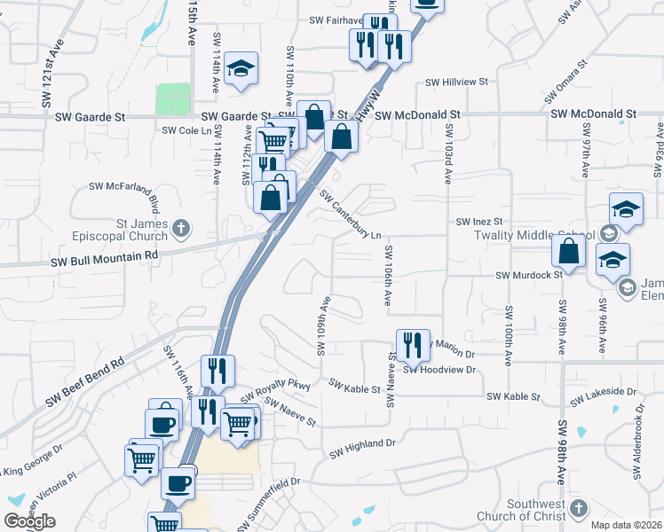map of restaurants, bars, coffee shops, grocery stores, and more near 14783 Southwest 109th Avenue in Tigard