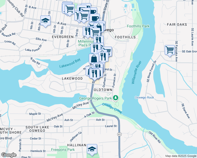map of restaurants, bars, coffee shops, grocery stores, and more near 368 South State Street in Lake Oswego