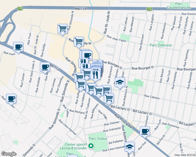 map of restaurants, bars, coffee shops, grocery stores, and more near 39 Rue Évangéline in Granby
