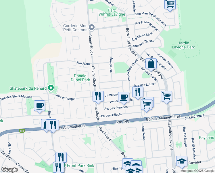 map of restaurants, bars, coffee shops, grocery stores, and more near 354 Rue des Framboisiers in Gatineau