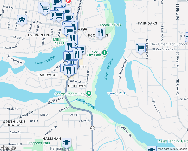 map of restaurants, bars, coffee shops, grocery stores, and more near 127 Furnace Street in Lake Oswego