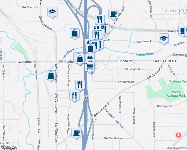 map of restaurants, bars, coffee shops, grocery stores, and more near 15422 Bangy Road in Lake Oswego