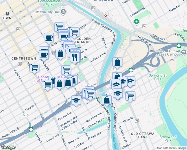 map of restaurants, bars, coffee shops, grocery stores, and more near in Ottawa