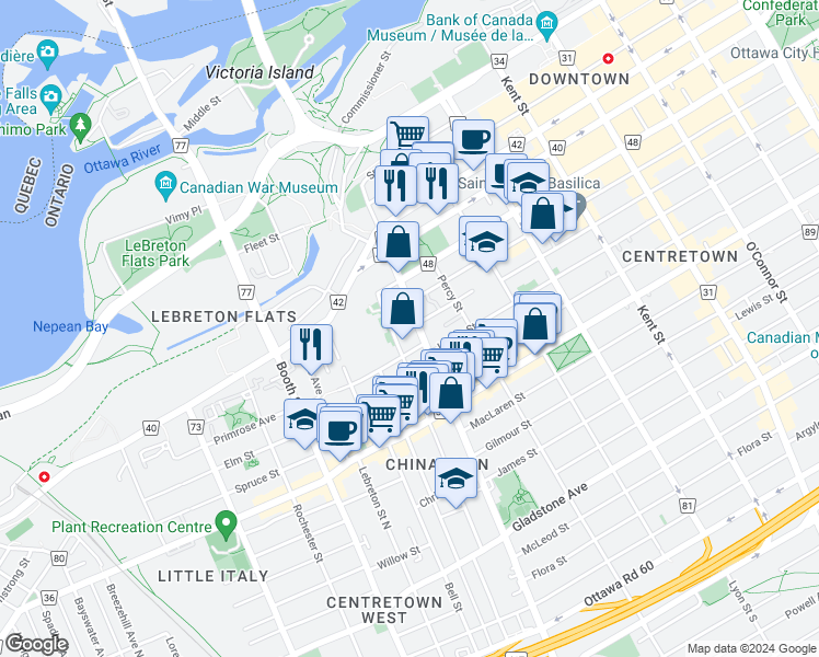 map of restaurants, bars, coffee shops, grocery stores, and more near in Ottawa