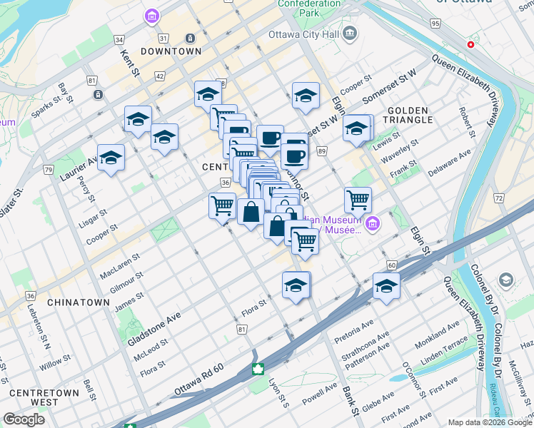 map of restaurants, bars, coffee shops, grocery stores, and more near 370 Bank Street in Ottawa