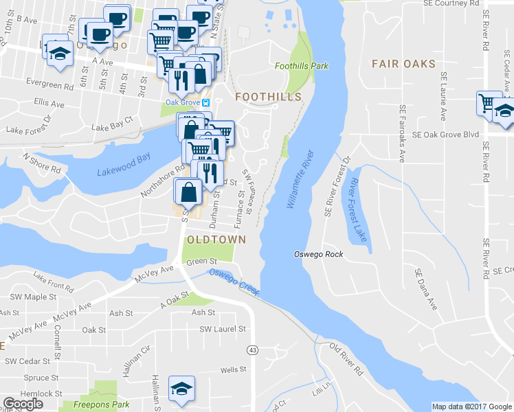map of restaurants, bars, coffee shops, grocery stores, and more near 131 Furnace Street in Lake Oswego