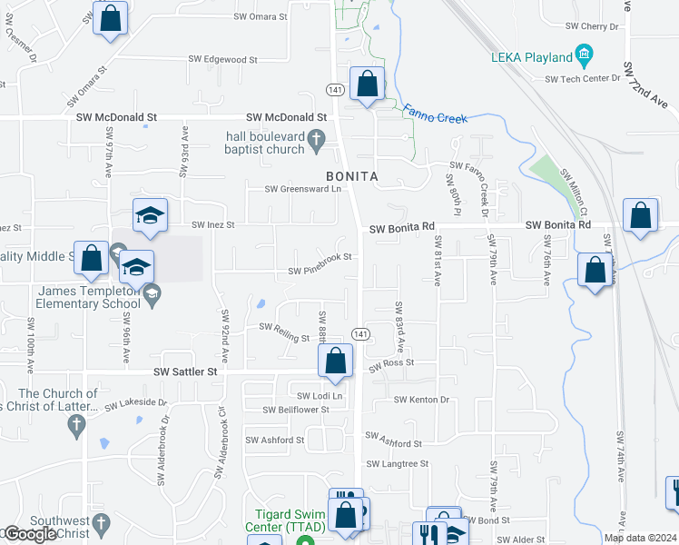 map of restaurants, bars, coffee shops, grocery stores, and more near 14735 Southwest Hall Boulevard in Tigard