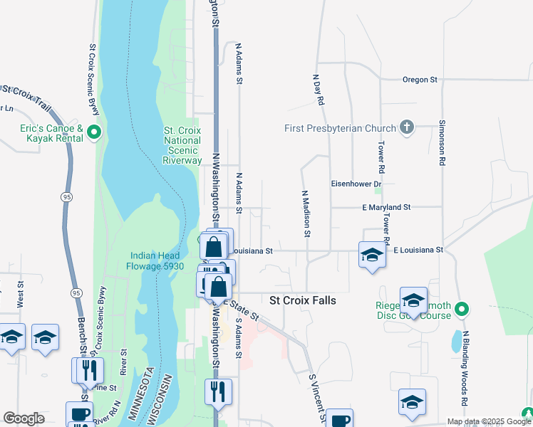 map of restaurants, bars, coffee shops, grocery stores, and more near 305 East Maryland Street in Saint Croix Falls