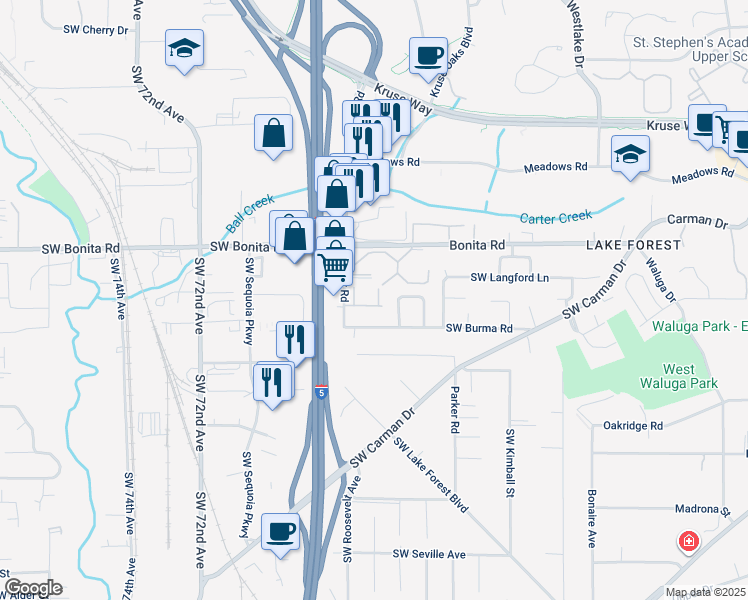 map of restaurants, bars, coffee shops, grocery stores, and more near 6301 Alyssa Terrace in Lake Oswego