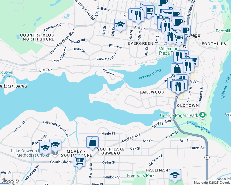 map of restaurants, bars, coffee shops, grocery stores, and more near 1157 Lake Shore Road in Lake Oswego
