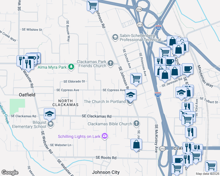 map of restaurants, bars, coffee shops, grocery stores, and more near 8103 Southeast Cypress Avenue in Milwaukie