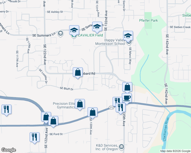 map of restaurants, bars, coffee shops, grocery stores, and more near 13011 Southeast Kronan Drive in Clackamas