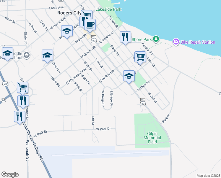 map of restaurants, bars, coffee shops, grocery stores, and more near 516 E Brege Dr in Rogers City